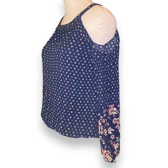 🎈 Mossimo Supply Co Navy Floral Cold Shoulder Long Sleeve Blouse Top Size XS - Picture 5 of 10